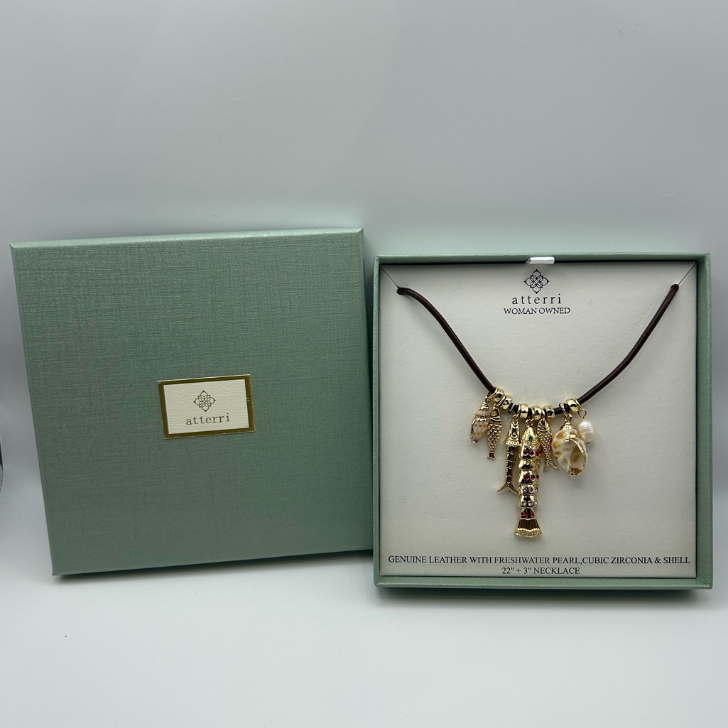 *New* Atterri Gold Fish And Shell Necklace With Brown Leather